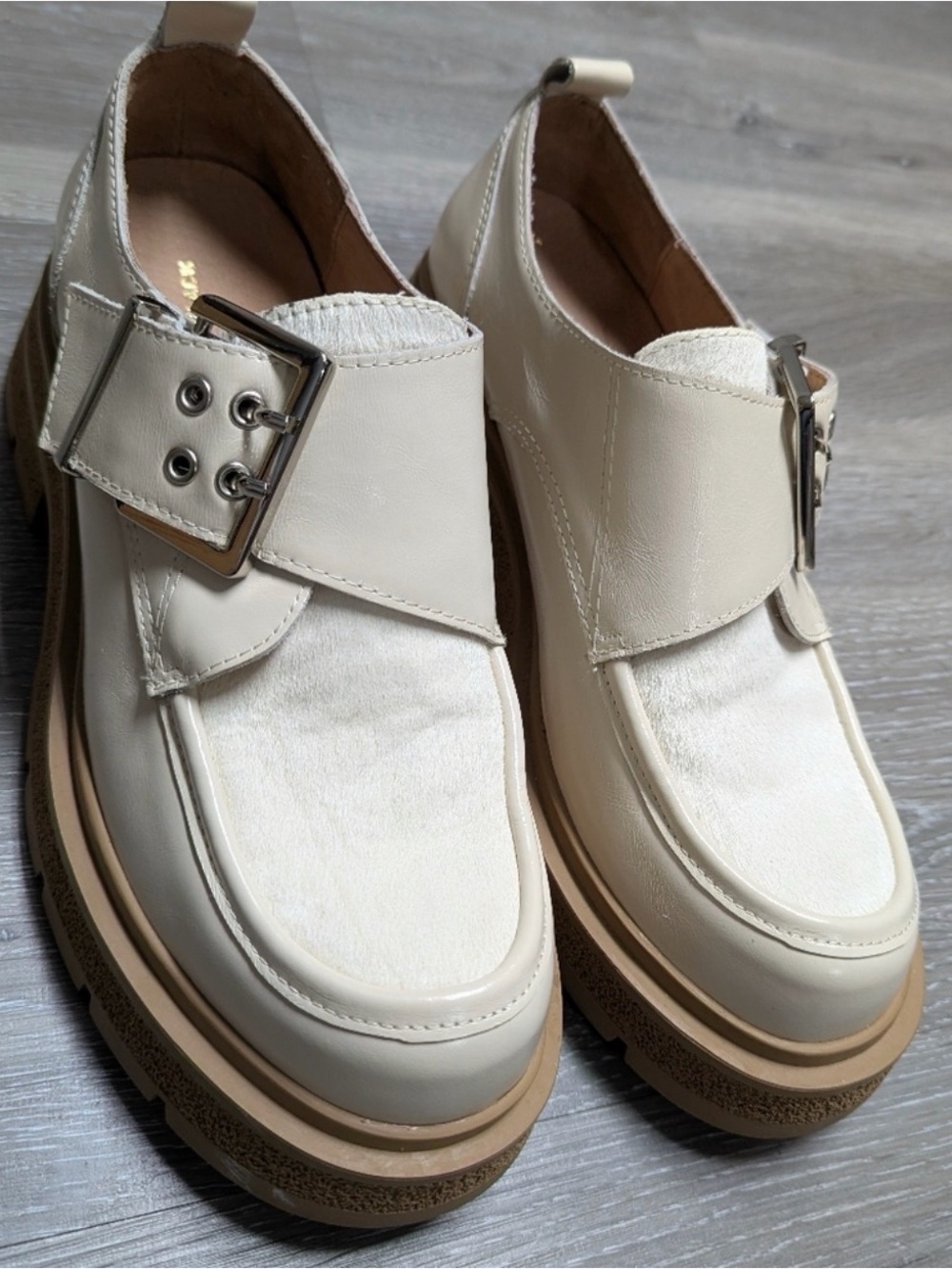 Anthropologie Cream and Tan Platform Buckle Loafers